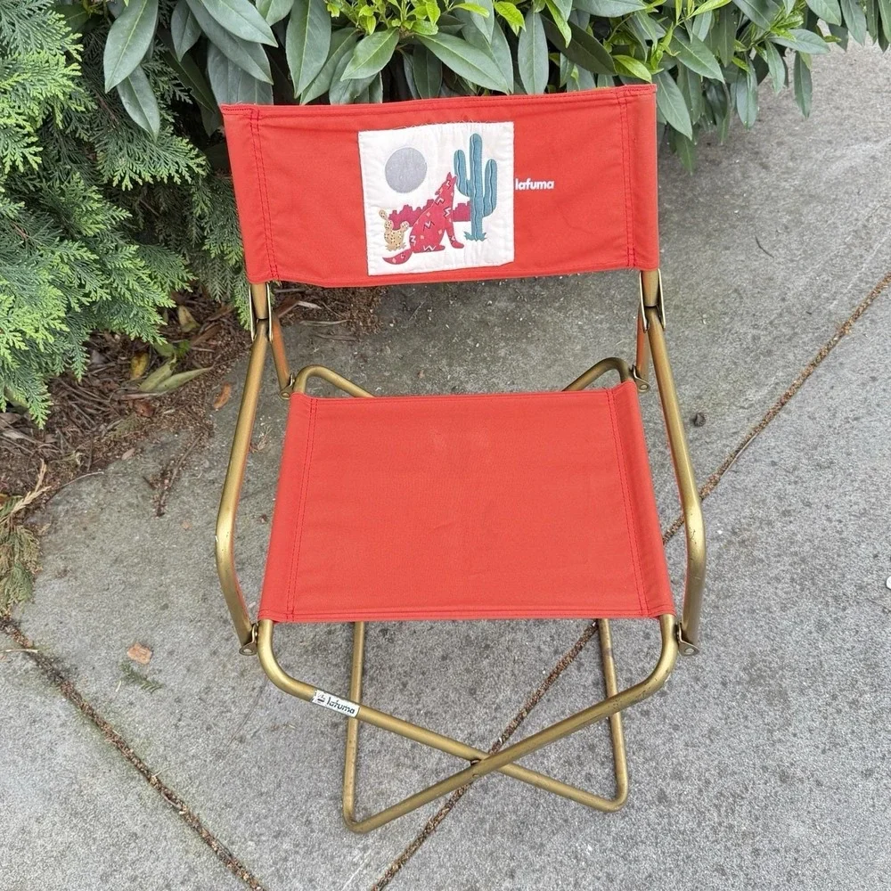 Vintage Lafuma French Folding Camp Chair Sunset Orange Southwestern Patch